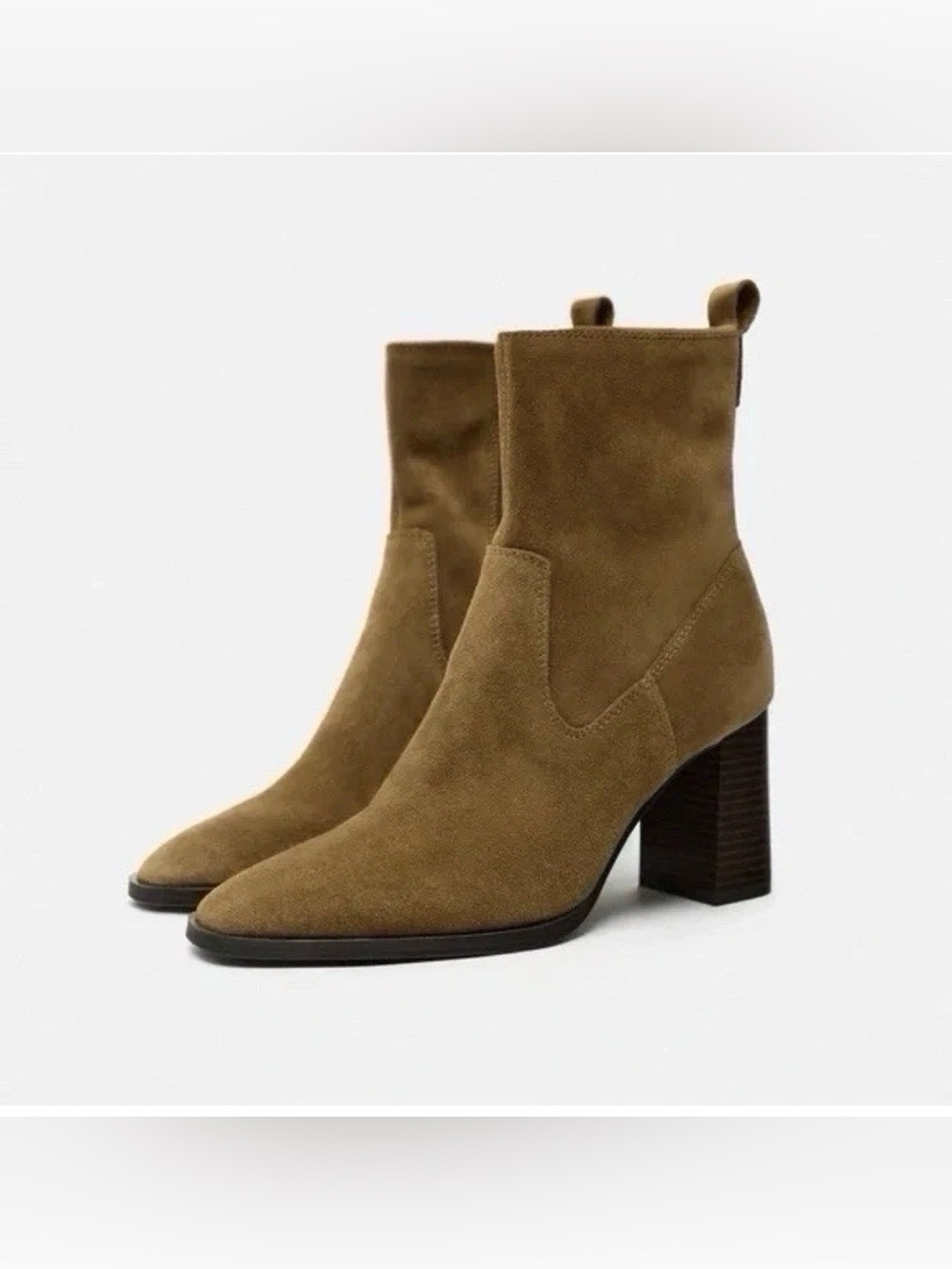Zara Women’s Tan Suede Ankle Boot Block Heel Pointed Toe Size 40 Stretch MidCalf